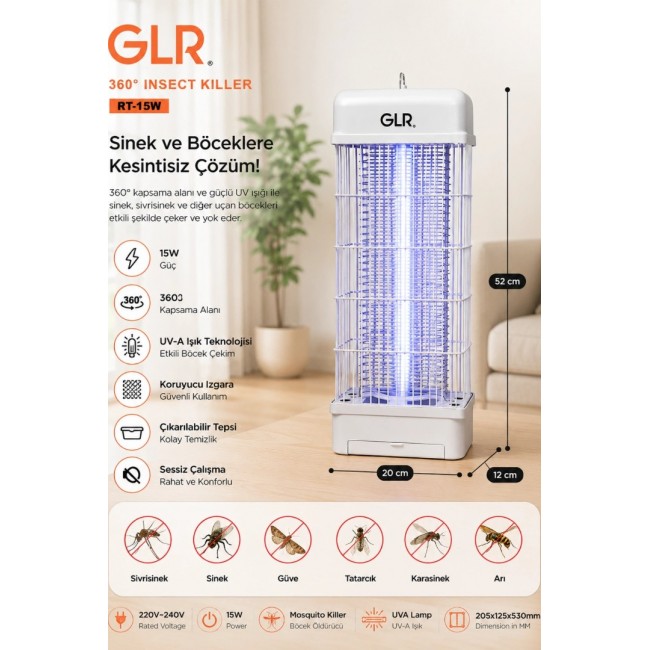 GLR RT-15W Elektrikli Sinek Öldürücü Lamba 15W 2500V Yüksek Voltaj (52 cm)