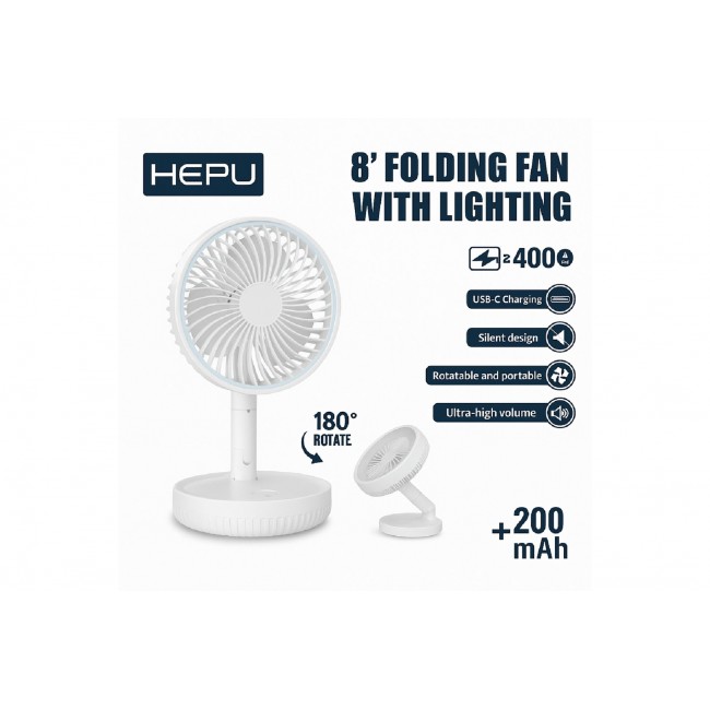 HEPU HP-F888 Şarjlı Katlanabilir Masaüstü Fan 4000mAh LED Işıklı