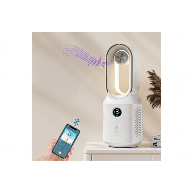 HEPU HP-F29 360° Döner Pervanesiz USB Şarjlı Masaüstü Fan Bluetooth Hoparlörlü LED Gece Lambalı Dijital Ekranlı 4000mAh