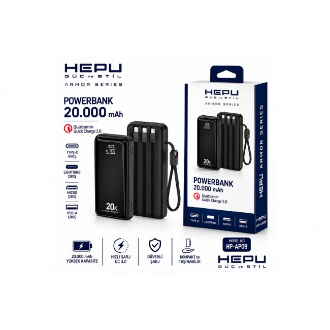 HEPU HP-AP09 20.000 mAh 22.5W Hızlı Şarj Powerbank Entegre Kablolu Dijital Göstergeli