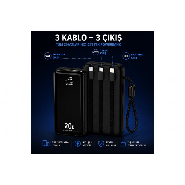 HEPU HP-AP09 20.000 mAh 22.5W Hızlı Şarj Powerbank Entegre Kablolu Dijital Göstergeli
