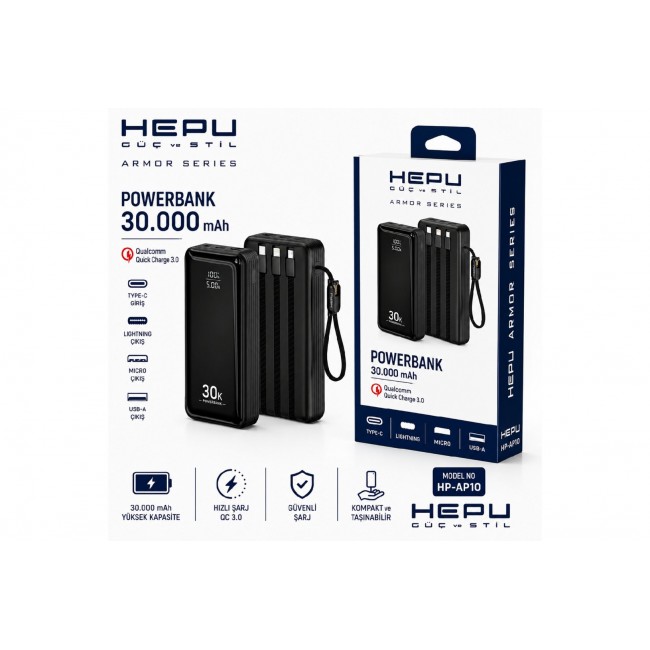 HEPU HP-AP10 Armor 30.000 mAh 22.5W Hızlı Şarj Entegre Kablolu Powerbank