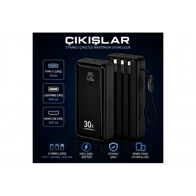 HEPU HP-AP10 Armor 30.000 mAh 22.5W Hızlı Şarj Entegre Kablolu Powerbank