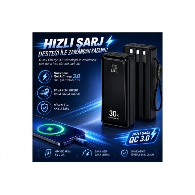 HEPU HP-AP10 Armor 30.000 mAh 22.5W Hızlı Şarj Entegre Kablolu Powerbank