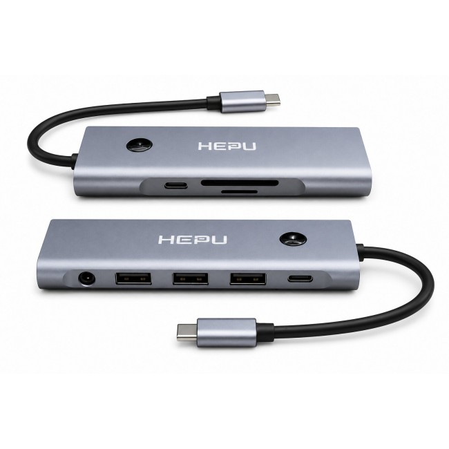 HEPU 9 in 1 Alüminyum Type-C Hub Çoklayıcı - 4K 60Hz HDMI 100W PD Şarj Ses SD Kart Okuyucu