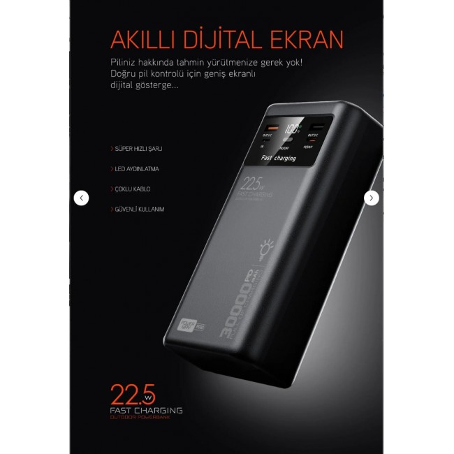 30.000 mAh 22.5w Kamp Powerbank – Çift LED Fenerli Hızlı Şarj PD30