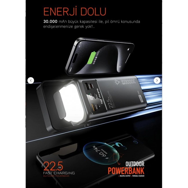 30.000 mAh 22.5w Kamp Powerbank – Çift LED Fenerli Hızlı Şarj PD30