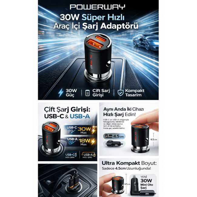 30W Süper Hızlı Araç Şarj Adaptörü – Mini Kompakt Tasarım, PD + QC 4.0, Çift USB (Type-C & USB-A)