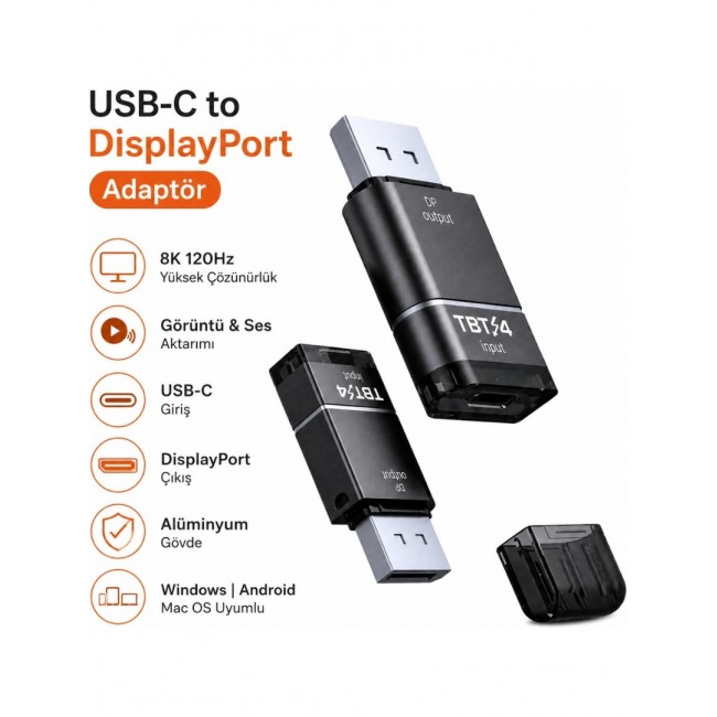 Thunderbolt 4 Type-C to DisplayPort DP Adaptör 8K 120Hz Görüntü ve Ses Aktarımı