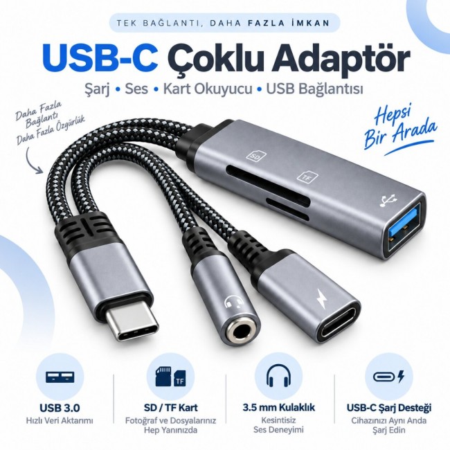 Type-C 5 in 1 Çoklayıcı Hub – USB 3.0, SD/TF Kart Okuyucu, 3.5 mm Kulaklık ve Şarj Girişi