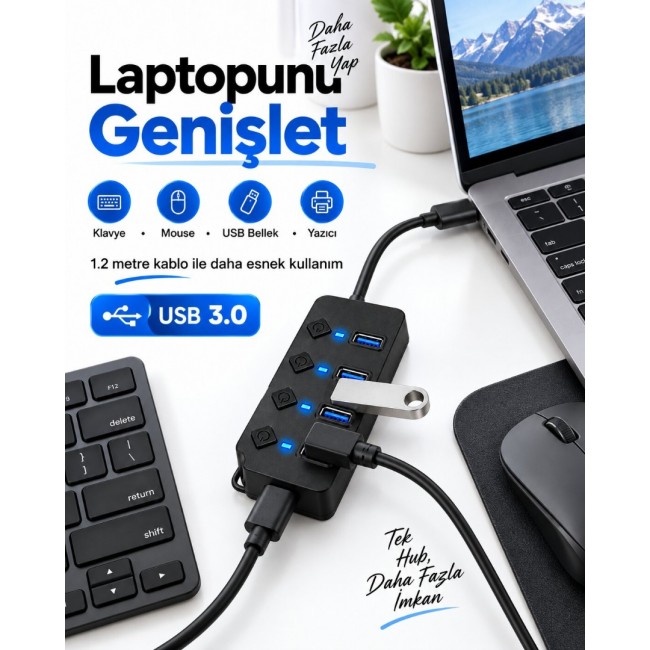 4 Port USB 3.0 Hub – 1.2 Metre Kablolu, Bağımsız Aç/Kapa Tuşlu, Adaptör Destekli 4 Port USB 3.0 Hub – 1.2 Metre Kablolu, Bağımsız Aç/Kapa Tuşlu, Adaptör Destekli