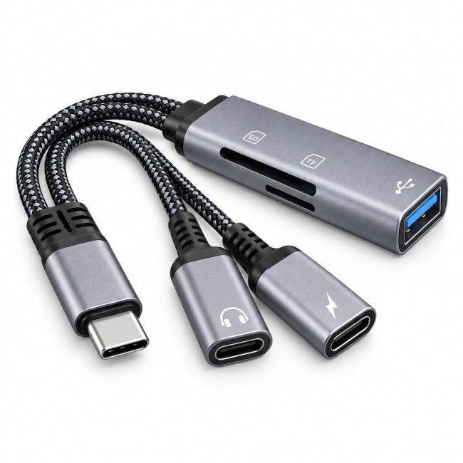 Type-C OTG 5 in 1 USB SD Micro SD Kart Okuyucu Şarj ve Kulaklık Adaptörü