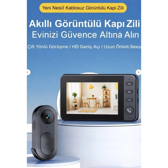Kablosuz Görüntülü Kapı Zili 4.3 İnç IPS Ekran Çift Yönlü Konuşma Gece Görüşlü Şarjlı Akıllı Kapı Zili