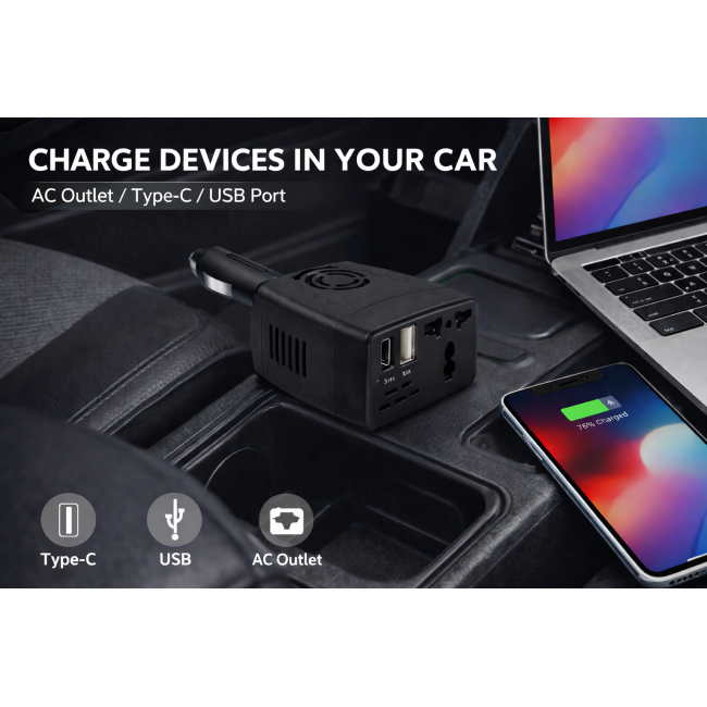 12V Araç İnvertörü 220V Priz Çevirici + USB + Type-C 150W