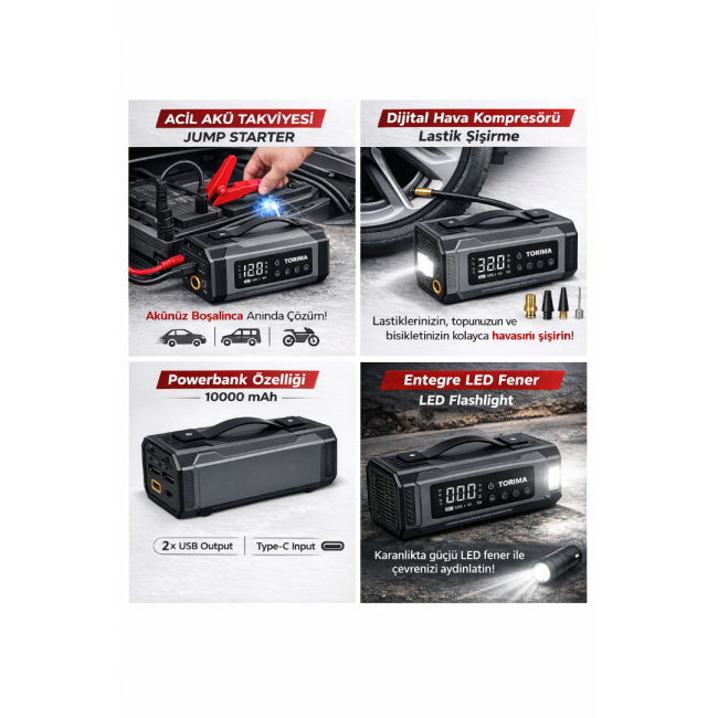 Torima APS-04 10000mAh Akü Takviye Jump Starter + Dijital Hava Kompresörü + LED Fener