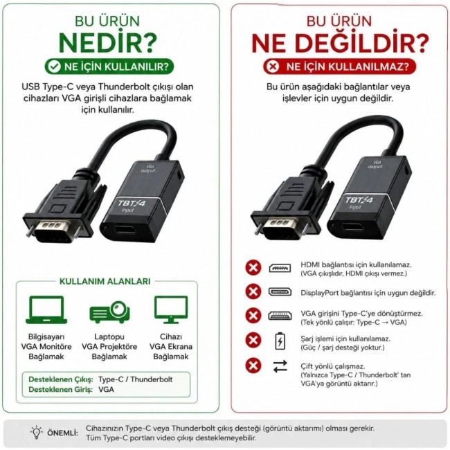 USB Type-C Thunderbolt to VGA Adaptör Görüntü Aktarım Dönüştürücü VC-01