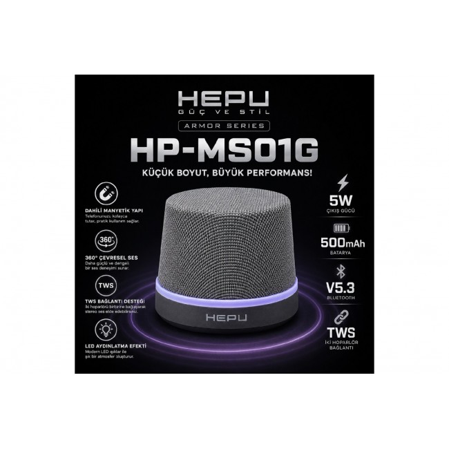 HEPU HP-MS01G Armor Gri Manyetik Bluetooth Hoparlör 5W Bluetooth 5.3 TWS MagSafe Uyumlu