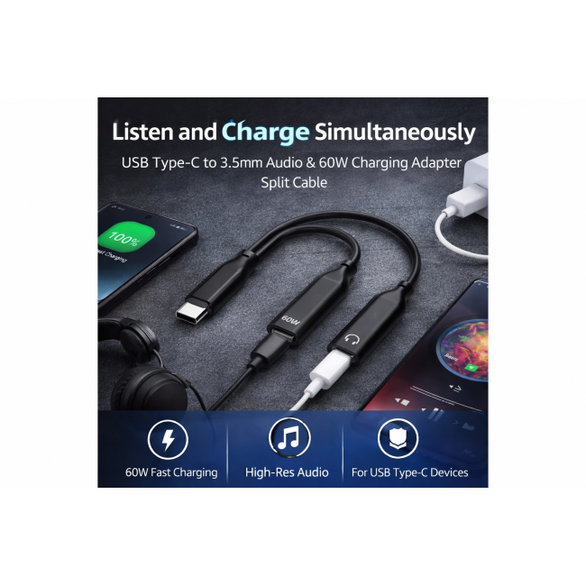 USB Type-C Kulaklık Jack ve Şarj Adaptörü 60W Hızlı Şarj Destekli 2in1 Splitter
