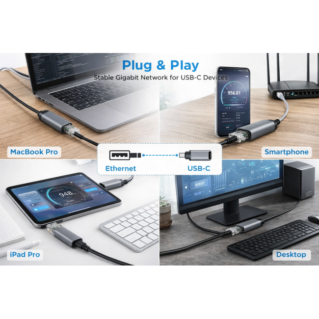 USB-C Ethernet Adaptörü Type-C Dişi RJ45 Erkek 1Gbps Gigabit USB 3.0 Ağ Çevirici