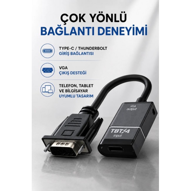 USB Type-C Thunderbolt to VGA Adaptör Görüntü Aktarım Dönüştürücü VC-01 USB Type-C Thunderbolt to VGA Adaptör Görüntü Aktarım Dönüştürücü VC-01