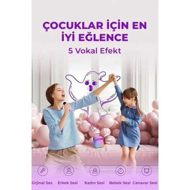 Carboon K12-2 Mini Karaoke Seti Çift Kablosuz Mikrofonlu RGB Işıklı Bluetooth Hoparlör Type-C USB MicroSD
