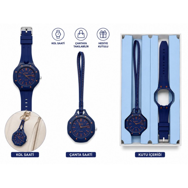 DuoStyle Lacivert 2'si 1 Arada Analog Kol Saati ve Çanta Saati Silikon Kordonlu Unisex