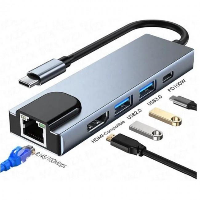 Type-C 5-in-1 Çoklayıcı 4K HDMI + USB 3.0*2 + Ethernet Girişli Hub