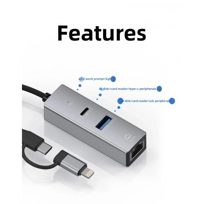 3 Portlu Ağ ve Veri Adaptörü: RJ45 LAN + USB 3.0 + Type-C Girişli | Metal Kasa 3 Portlu Ağ ve Veri Adaptörü: RJ45 LAN + USB 3.0 + Type-C Girişli | Metal Kasa