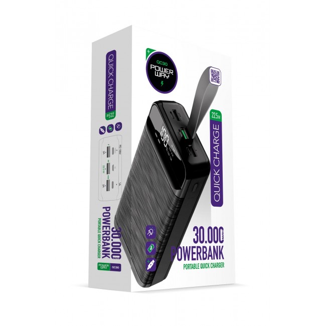 Powerway 30.000 Mah Pd 22.5w Kablolu Hızlı Şarj Işıklı Dijital Göstergeli Qc30 Siyah Powerbank Powerway 30.000 Mah Pd 22.5w Kablolu Hızlı Şarj Işıklı Dijital Göstergeli Qc30 Siyah Powerbank