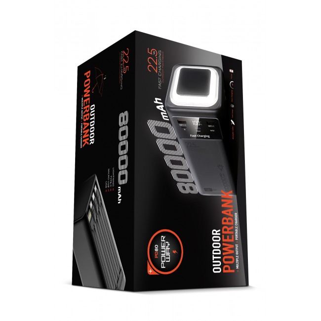 Powerway PD80 Kamp Powerbank | Gerçek 80.000 mAh | PD 22.5W Hızlı Şarj | LED Fenerli ve Dahili Kablolu Powerway PD80 Kamp Powerbank | Gerçek 80.000 mAh | PD 22.5W Hızlı Şarj | LED Fenerli ve Dahili Kablolu