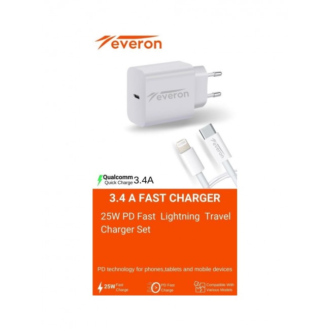 Everon Q.C 3.4 Amper 25w Type To Lightning Şarj Aleti Evr-002 Everon Q.C 3.4 Amper 25w Type To Lightning Şarj Aleti Evr-002