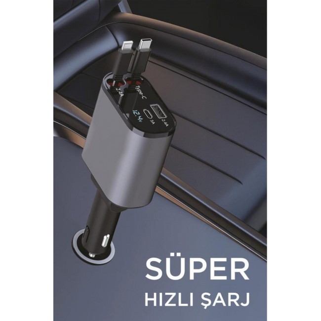 TORİMA G16 – FM Transmitter & 120W Süper Hızlı Araç Şarjı, Entegre Type-C ve Lightning Kablo
