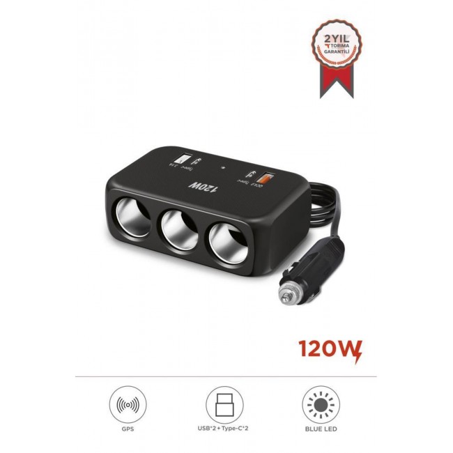 G18 Araç İçi Çakmak Çoklayıcı – 120W, 3 Çakmak Soketi, Type-C & USB Portları G18 Araç İçi Çakmak Çoklayıcı – 120W, 3 Çakmak Soketi, Type-C & USB Portları
