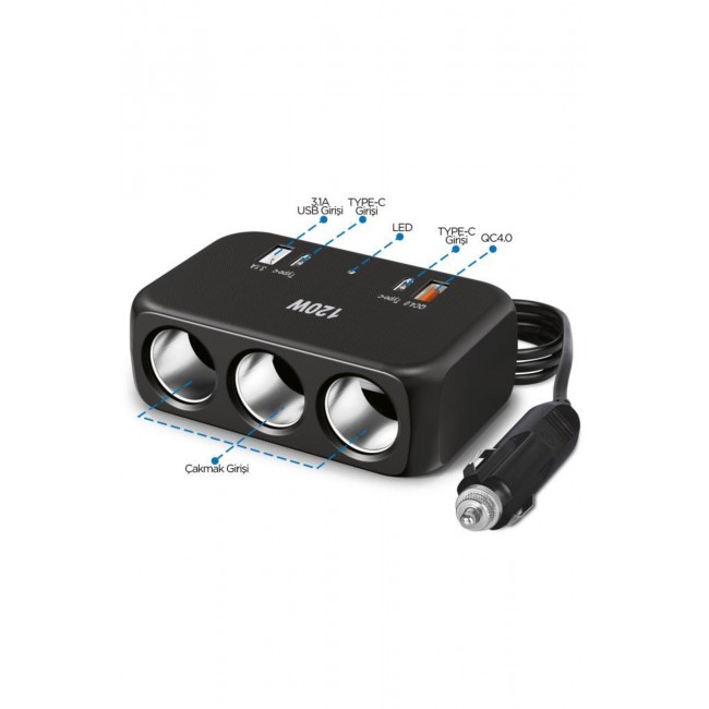 G18 Araç İçi Çakmak Çoklayıcı – 120W, 3 Çakmak Soketi, Type-C & USB Portları G18 Araç İçi Çakmak Çoklayıcı – 120W, 3 Çakmak Soketi, Type-C & USB Portları