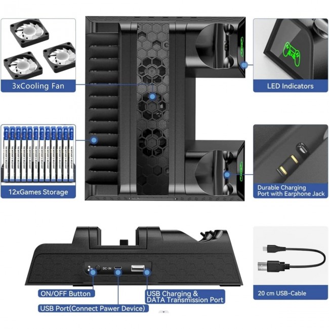 PS4 Slim 3 Fanlı Soğutucu Stand + Çift Şarj Dock – TP4-882C