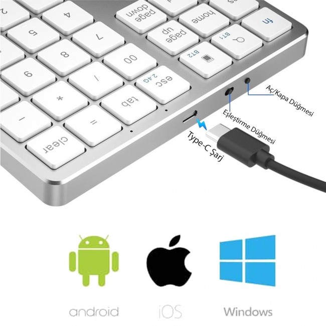 PMR Gümüş Bluetooth 5.2 Kablosuz Sayısal Tuş Takımı – 35 Tuşlu Mini Keypad PMR Gümüş Bluetooth 5.2 Kablosuz Sayısal Tuş Takımı – 35 Tuşlu Mini Keypad