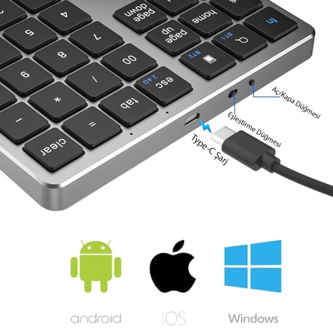 PMR Bluetooth 5.2 Kablosuz Sayısal Tuş Takımı – 35 Tuşlu Mini Keypad Gri PMR Bluetooth 5.2 Kablosuz Sayısal Tuş Takımı – 35 Tuşlu Mini Keypad Gri