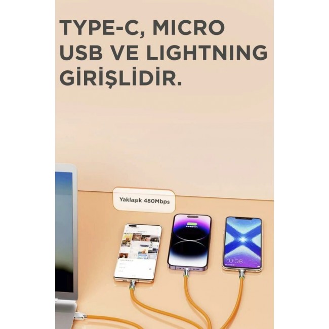 Torima 3in1 Type C- Lightning- Micro Usb Silikon 3.0A 1.5M Şarj ve Data Kablosu Torima 3in1 Type C- Lightning- Micro Usb Silikon 3.0A 1.5M Şarj ve Data Kablosu