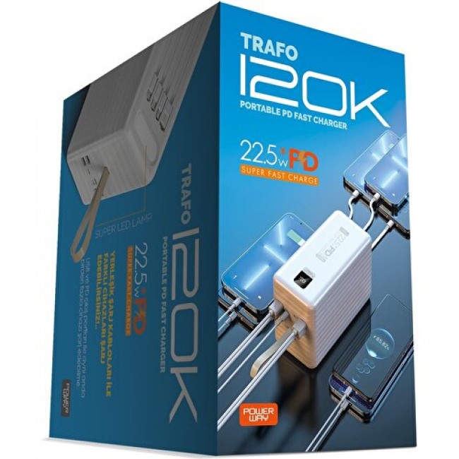 Powerway 120.000 Mah 22.5W Hızlı Şarj Dahili Kablolu Trafo Powerbank