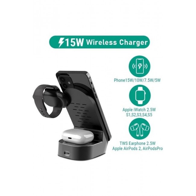 Torima 15W Kablosuz 3’İn 1 Kulaklık- Saat-Telefon Kablosuz Şarj Standı