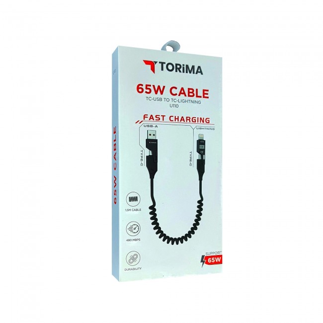 Torima Çok Amaçlı 65W Spiral Kablo | iPhone, Android ve Type-C Uyumlu | 4 Başlık Bir Arada U110 Torima Çok Amaçlı 65W Spiral Kablo | iPhone, Android ve Type-C Uyumlu | 4 Başlık Bir Arada U110