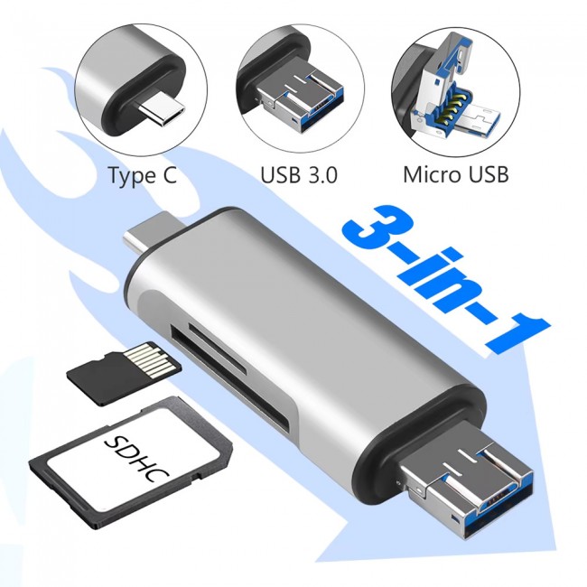 USB 2.0 3 in 1 Kart Okuyucu ve USB Çoklayıcı – Type-C, Micro USB, SD/TF Kart Desteği Zr825 USB 2.0 3 in 1 Kart Okuyucu ve USB Çoklayıcı – Type-C, Micro USB, SD/TF Kart Desteği Zr825