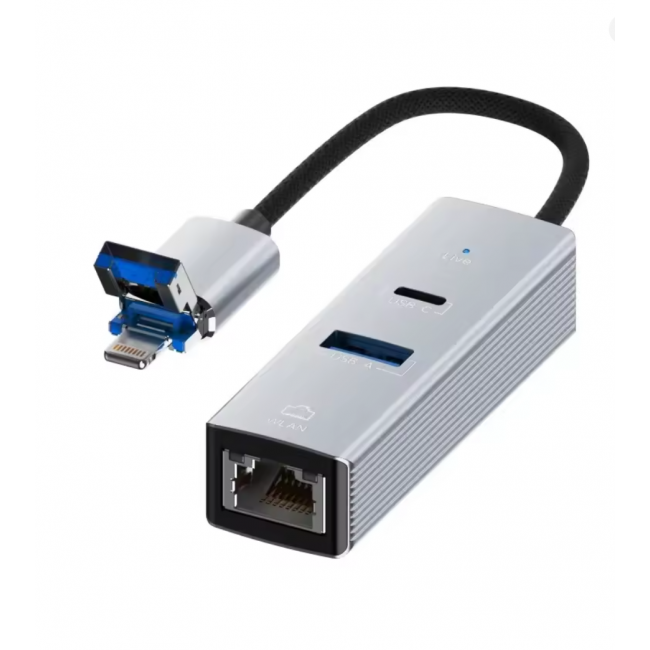 USB + Lightning Girişli LAN Adaptör | USB 3.0 Çoklayıcı + Type-C OTG USB + Lightning Girişli LAN Adaptör | USB 3.0 Çoklayıcı + Type-C OTG